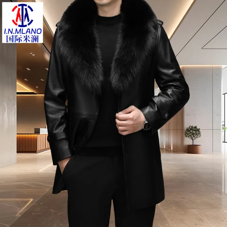 头层牛皮真皮皮衣男大狐狸毛领加绒加厚中长款风衣男士中年外套男