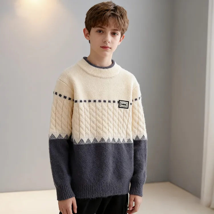 男童毛衣2025厚款针织衫亲肤打底衫冬季圆领加绒加厚毛衣8-16岁男