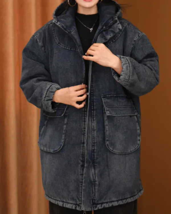 连帽加厚加棉款落肩袖长款宽松型棉服棉衣韩版外套宽松砂洗软牛仔