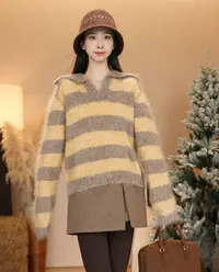 唐乐乐｜25new秋冬新款V领条纹加厚保暖宽松套头上衣 BF2594