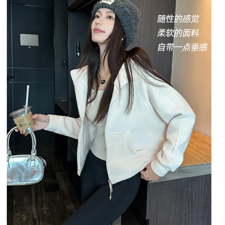 修身奥粒摇粒绒卫衣女2025秋冬季连帽开衫上衣保暖外套