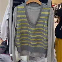 新U领三粒扣撞色条纹马甲两件套