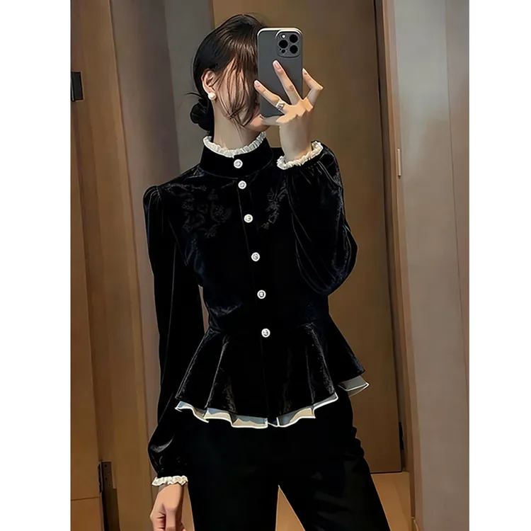 法式气质高级感丝绒衬衫秋冬2025新款轻奢减龄长袖小衫轻熟风衬衣