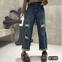 D8180哈伦男友风女牛仔裤时尚显瘦做旧百搭假破洞贴布弹力老爹裤
