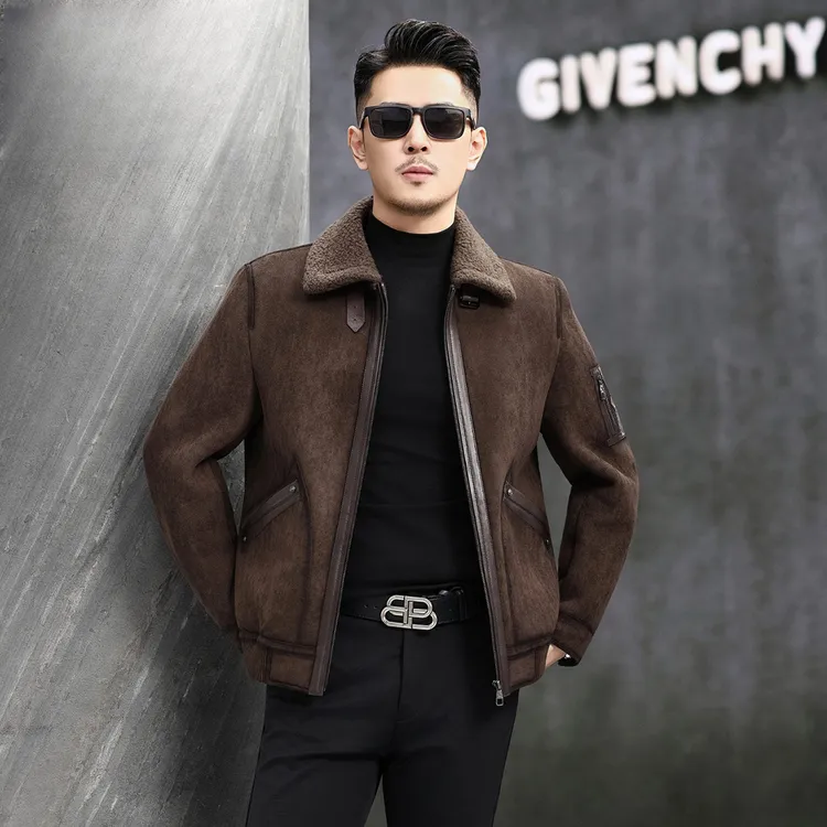 维比萨玻皮毛一体男士夹克真皮皮衣冬季潮短款加厚翻领羊羔毛