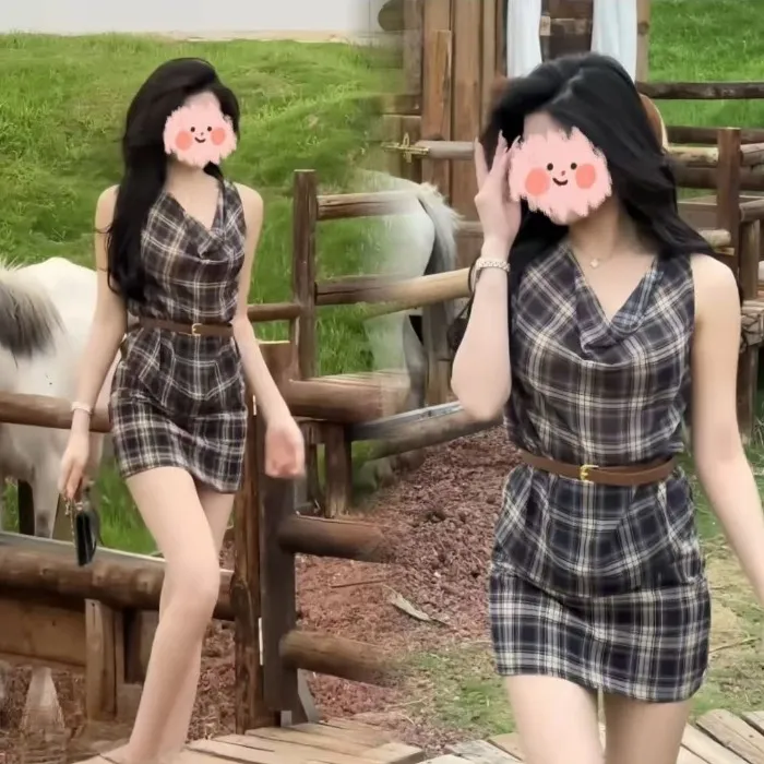 【带腰带】夏季新款气质时尚显瘦高级感复古格纹无袖格子高腰套装女