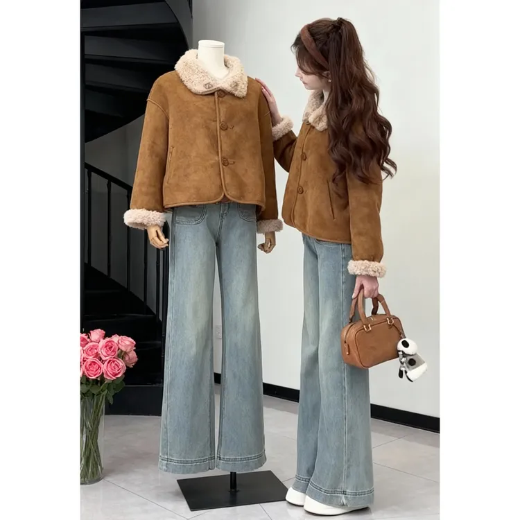 秋冬搭配一整套2024新款复古高级感气质棉衣外套阔腿牛仔裤两件套