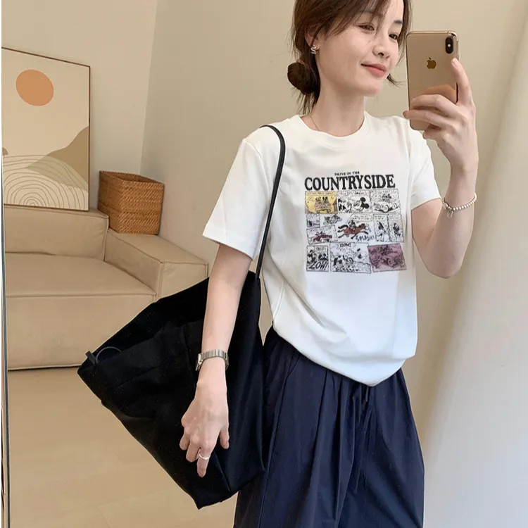 2025夏季新款韩版时尚百搭休闲小众圆领正肩印花短袖T恤女ins