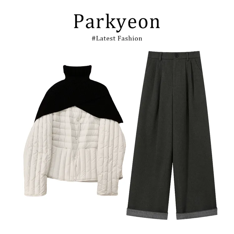 INS CEC韩系宽松棉服外套上衣外搭披肩秋冬季阔腿宽松休闲裤套装