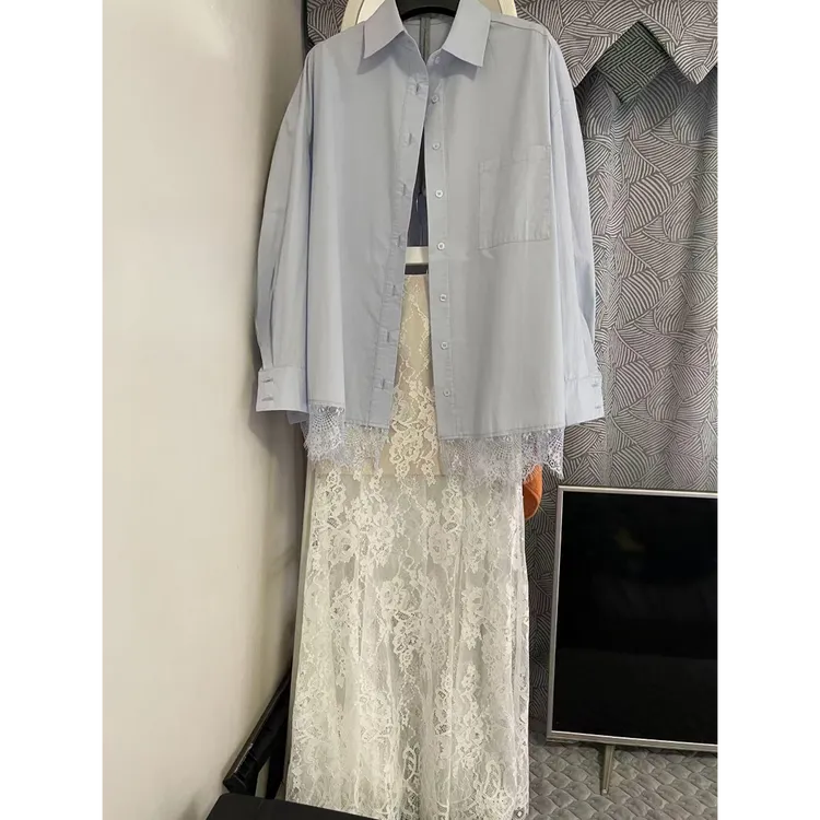 2025春季新款慵懒风高级感宽松中长款防晒衬衫高腰显瘦开叉半身裙