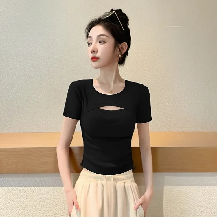 2025新款夏季短袖T恤女黑色设计感镂空莫代尔半袖短款紧身上衣潮 