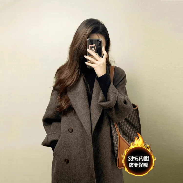 美拉德咖羽绒加厚内胆呢子大衣女2025冬季新款韩系百搭毛呢外套