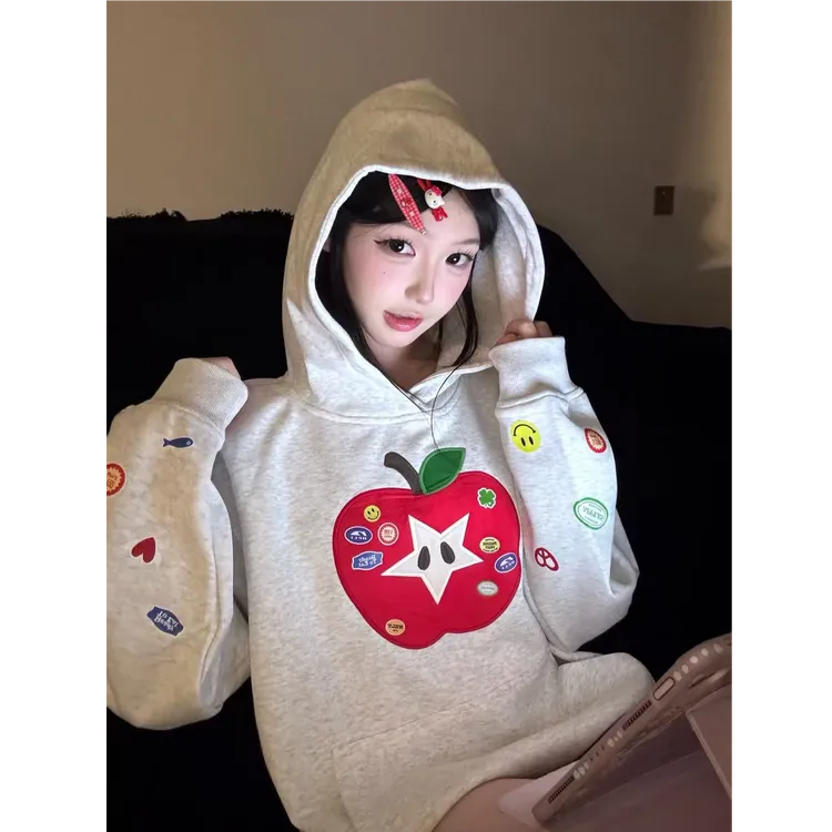 美式复古苹果贴布刺绣连帽卫衣女春秋新款设计感百搭国潮宽松上衣