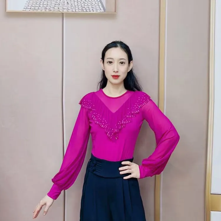 欢舞阁摩登双人舞广场舞荷叶边拼灯笼袖烫钻女长袖上衣A0759