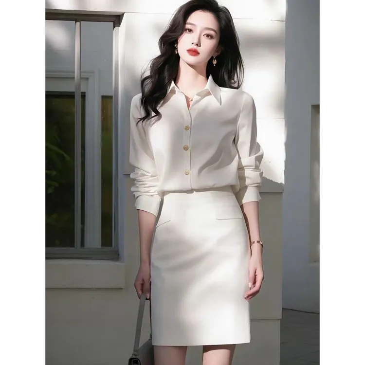 2025年春季新款法式白色衬衫女独特气质收腰衬衣上衣套装韩系