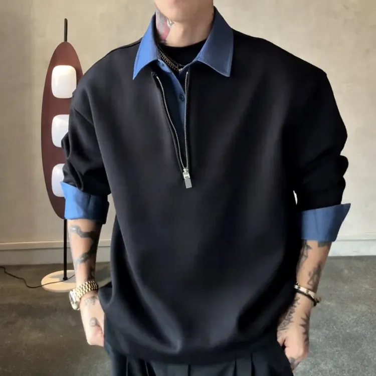 秋冬新款重磅假两件半拉链卫衣男设计感潮流百搭休闲拼接翻领上衣