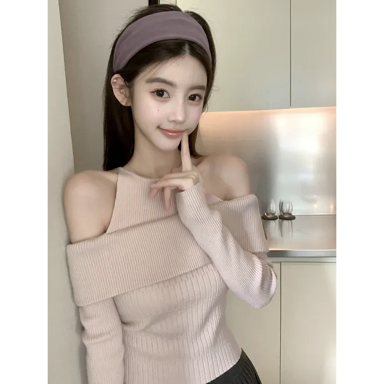 假两件一字肩针织衫上衣女秋季新款设计感独特别致内搭毛衣打底衫