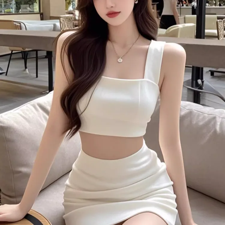 夏季小个子穿搭一整套纯欲辣妹风一字肩吊带上衣高腰半身裙两件套