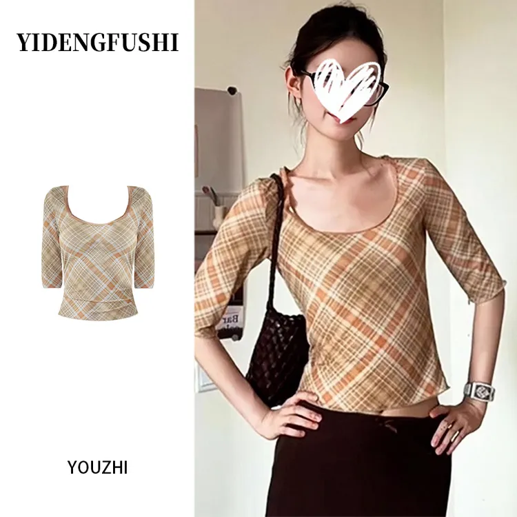 美式复古格纹网纱中袖T恤女夏季辣妹修身显瘦花边u领正肩微透上衣