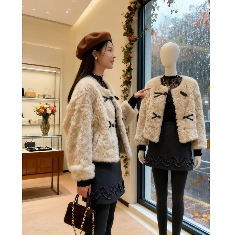 女款秋季慵懒半身裙套装2025新款毛绒外套蕾丝打底衫短裙三件套女