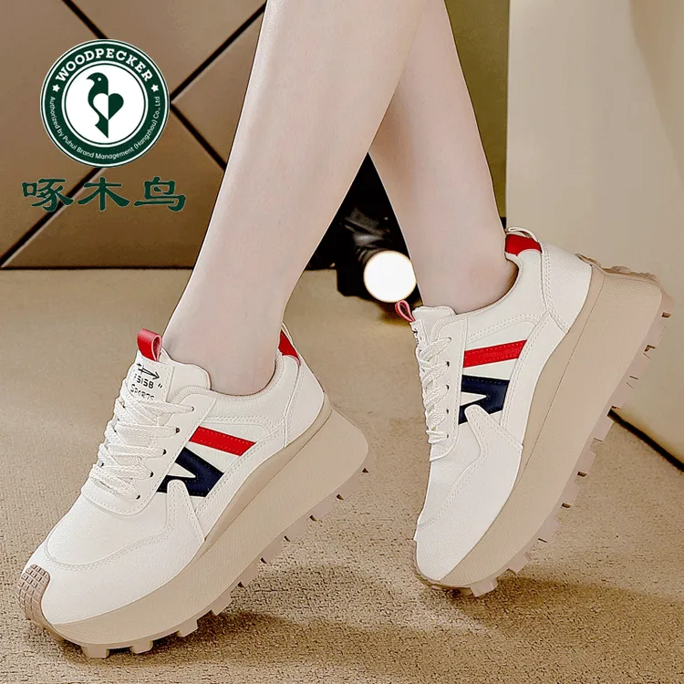 啄木鸟大牌厚底增高舒适学生老爹鞋2025新款韩版百搭皮面运动女鞋