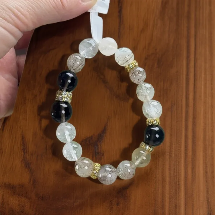 “钞能力”高货天然黑金超七手串男女款清透茶水晶搭配茶水晶转运珠