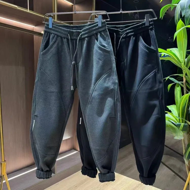 冬季新款加绒保暖休闲裤男潮流百搭运动裤抽绳束脚裤黑色卫裤长裤
