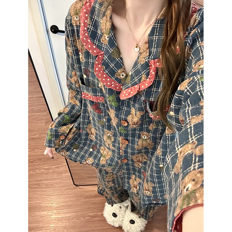韩系甜美少女卡通小熊花边睡衣女春秋新款宽松长袖长裤家居服套装