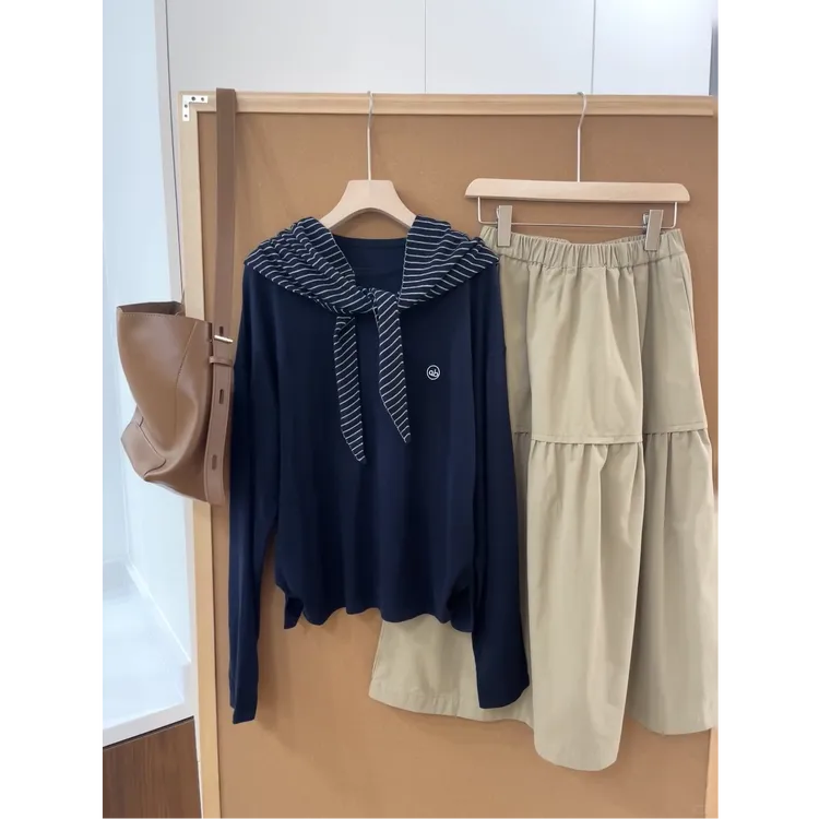 韩系秋冬氛围感穿搭一整套藏青色针织衫上衣时尚百搭半身裙套装女