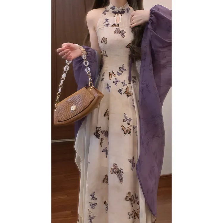 新中式国风复古蝴蝶印花改良版旗袍连衣裙荷叶边气质长裙9142