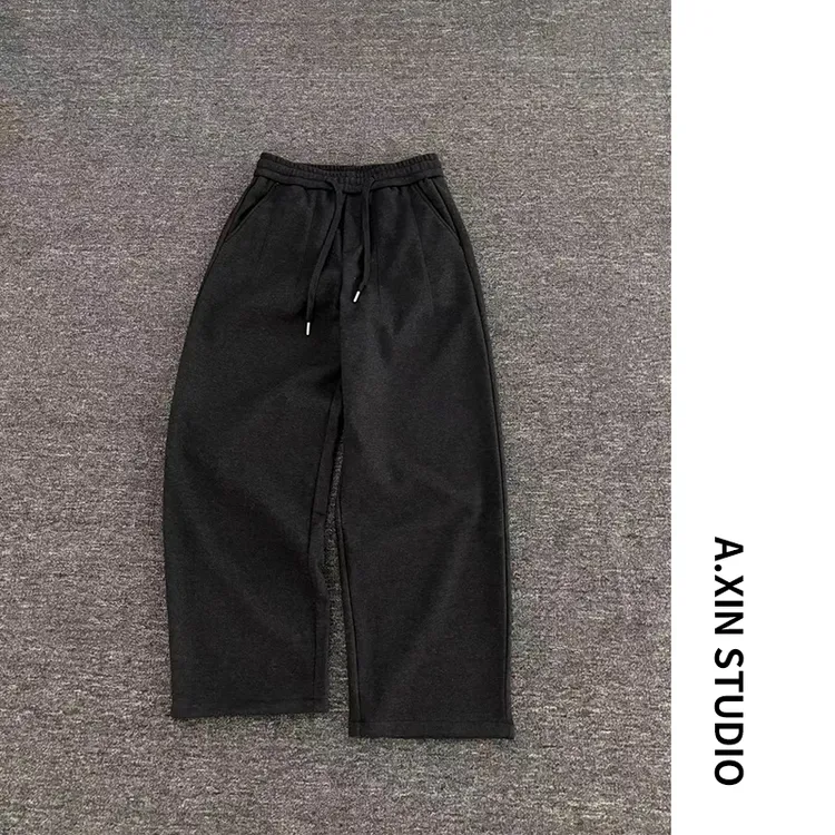 【加绒直筒】冬季新款男士羊毛醋酸混纺加绒加厚纯色直筒宽松休闲裤