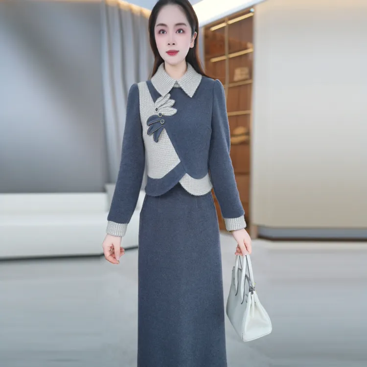 玖慕假两件连衣裙女2025新款冬季修身减龄翻领拼接中长款a字裙潮