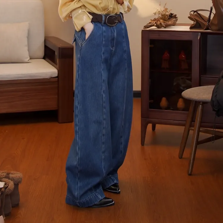 2025秋冬新款显瘦复古高腰时尚拖地弯刀加厚加绒牛仔裤LK2508215