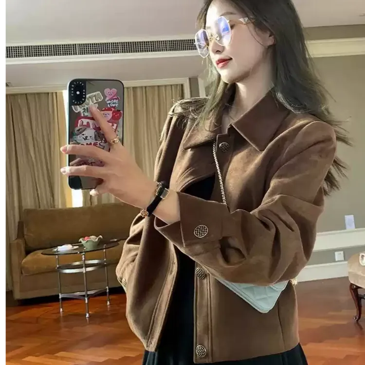 美拉德咖色麂皮绒短外套女秋2025巨好看美式复古休闲夹克