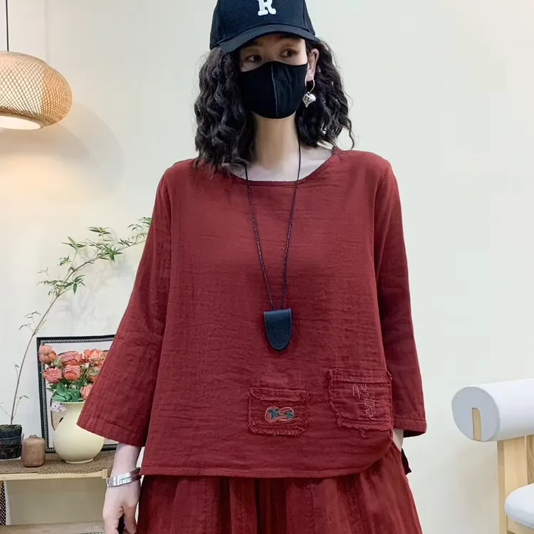 2025夏季新款宽松休闲显瘦百搭时尚圆领小口袋小衫