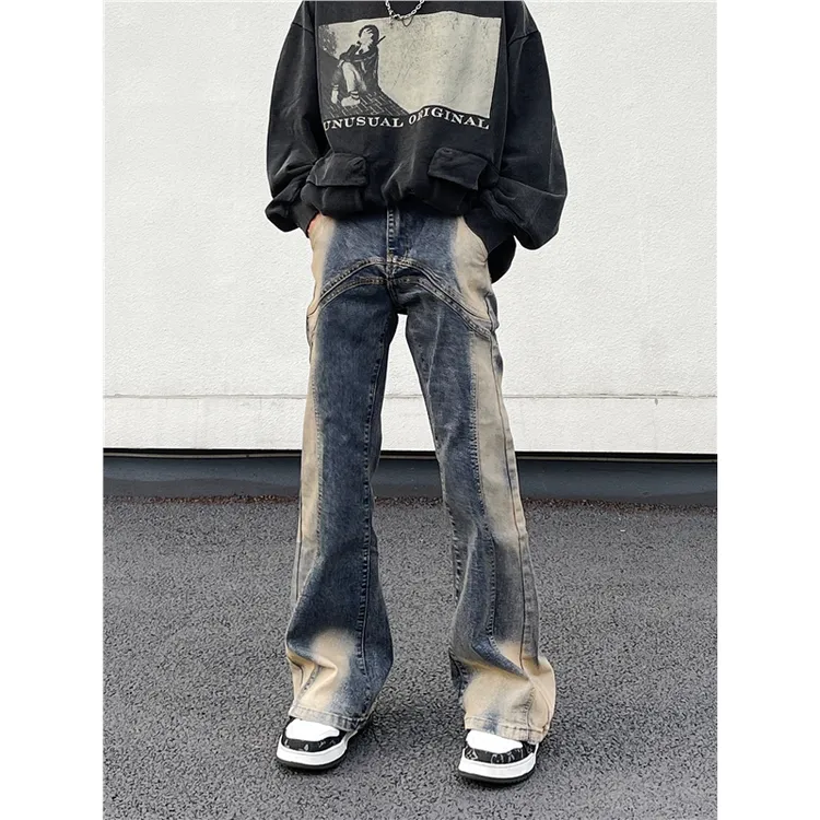 美式高街复古水洗渐变cleanfit牛仔裤男宽松微喇叭设计感vibe裤子