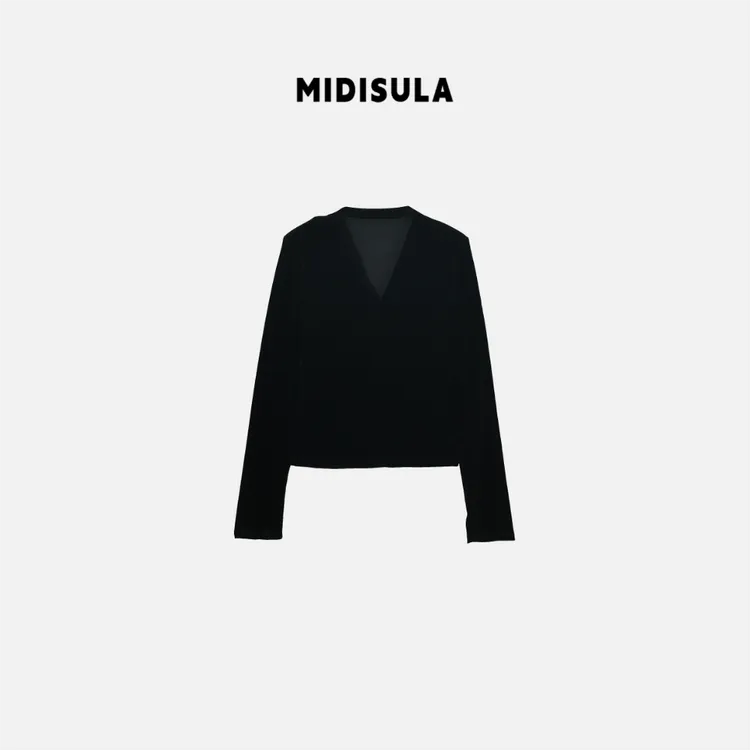 MDSL·新款时尚法式复古气质新款潮牌女装垫肩瘦身V领上衣#01537