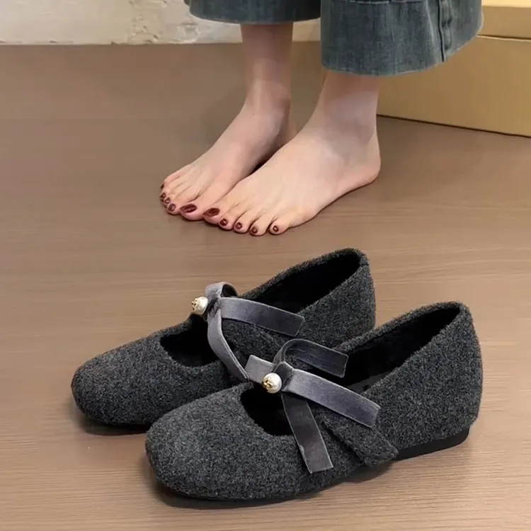 内增高法式玛丽珍毛毛鞋女春季新款灰色呢子单鞋女厚底仙女晚晚鞋