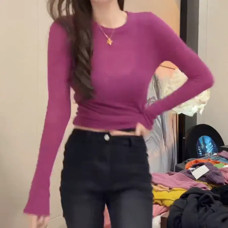 高级性感显身材秋冬女圆领长袖打底针织衫LK2507702