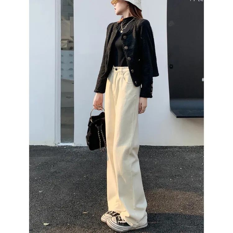 高腰米白色阔腿裤牛仔裤女夏季2025年新款宽松显瘦小个子直筒长裤