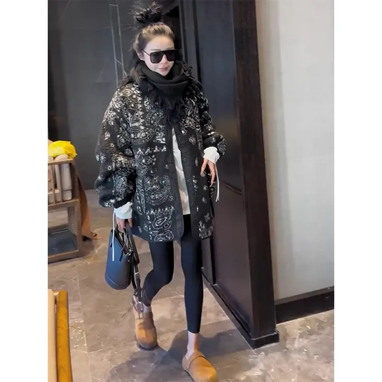 欧洲站2025冬季新款洋气休闲百搭宽松单排扣显瘦中长款颗粒绒外套