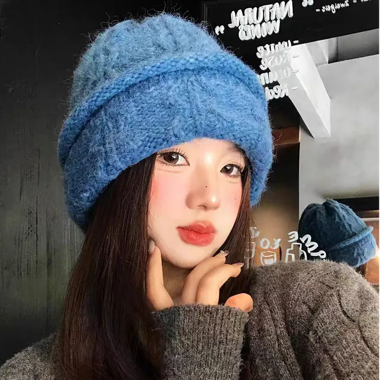韩版蓝色针织毛线帽女秋冬显脸小保暖冷帽大头围韩系加厚包头帽子