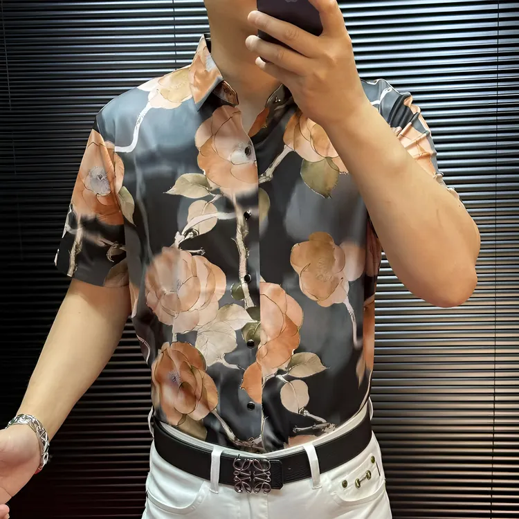 FLD甄选冰丝无缝免烫高弹力高品质印花花卉休闲短袖衬衫123