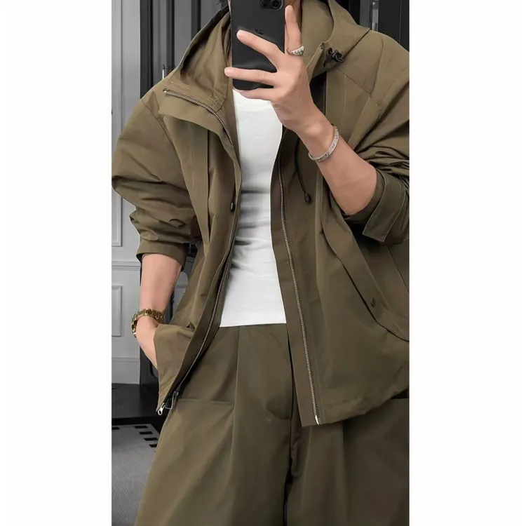 龙叨叨秋季新款潮流美式户外工装冲锋衣连帽夹克宽松百搭长裤套装