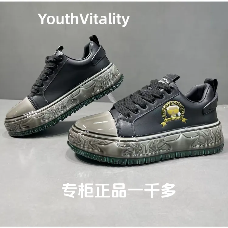 头层牛皮淋胶厚底板鞋牛皮透气低帮时尚休闲鞋圆头纯色潮流老爹鞋