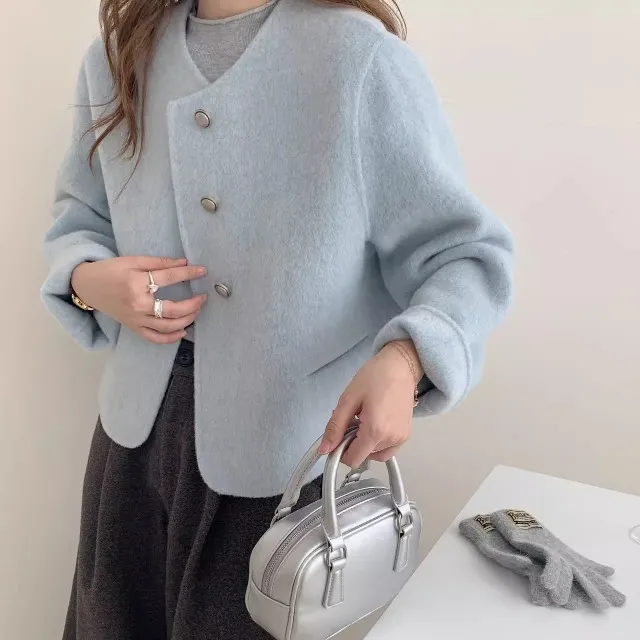 【2502】新款双面绵羊毛大衣女短款简约宽松舒适金属扣子呢子外套-2
