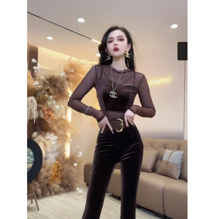 【YING FASHION】莹老板-时尚气质百搭网纱拼丝绒上衣 90970193 342