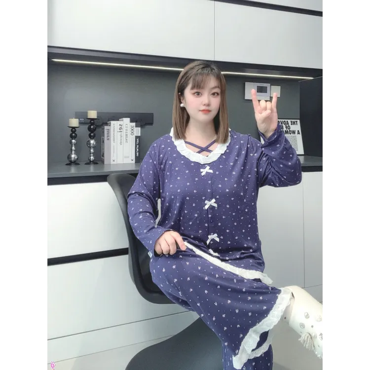【有运费险】2025秋冬螺纹棉弹力蕾丝边印花秋冬家居服套装YMF25249