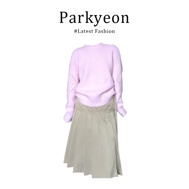 parkyeon韩系奶呼呼粉色长袖针织衫早秋休闲百搭卡其百褶裙套装