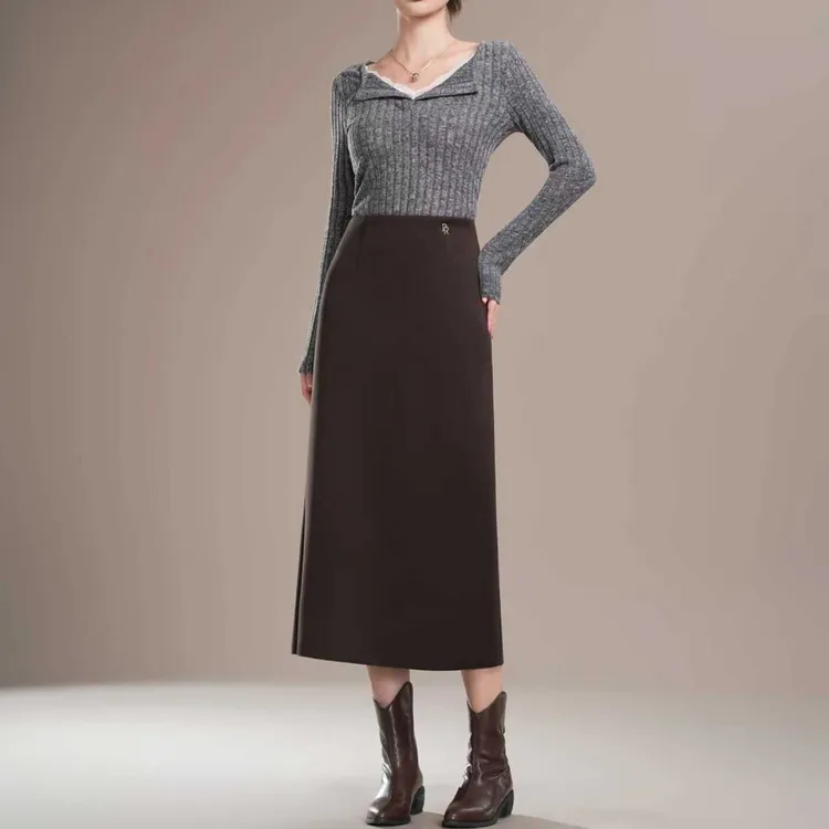 高腰显瘦后开叉直筒半裙女2025秋冬新品法式通勤OL风直筒A字裙女
